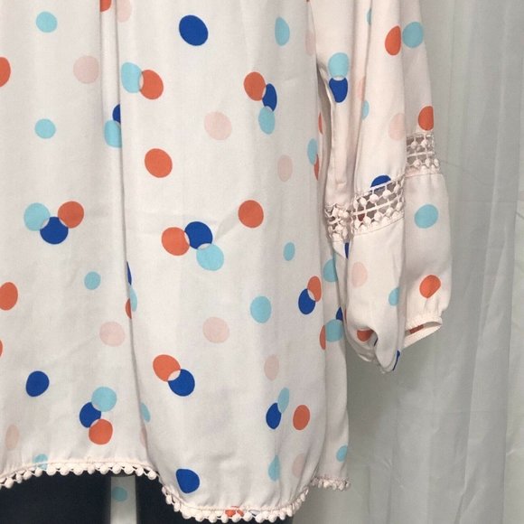 Copper Key Top Womens Sz M Pink Polka Dot Hi-Lo Lace Trim 3/4 Sleeve Blouse - Picture 10 of 12